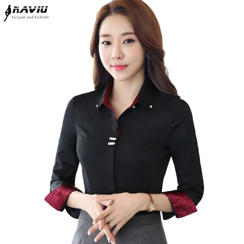 Long Sleeve Shirt Black White Slim Patchwork Sequined Cotton Blouse