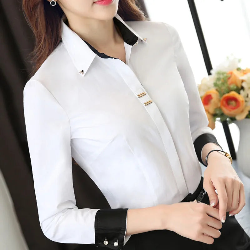 Long Sleeve Shirt Black White Slim Patchwork Sequined Cotton Blouse