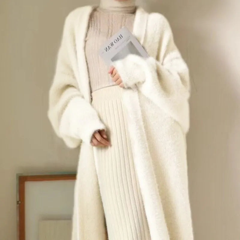 White Long Cardigan for women's winter clothes Knitted fluffy long sleeve