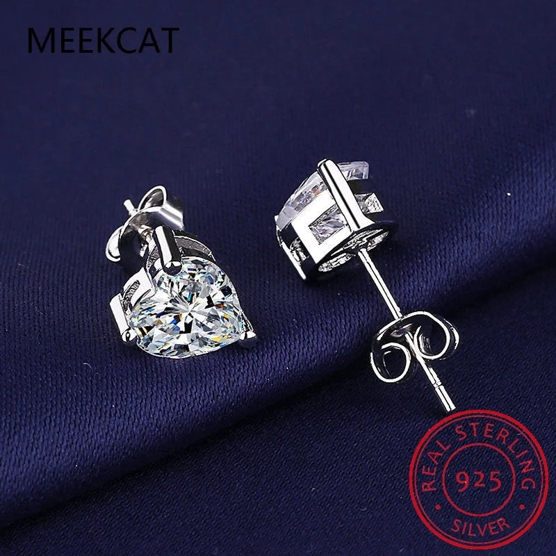 Heart Moissanite Earrings D Color VVS1 Lab Diamond Platinum Plated Sterling Silver