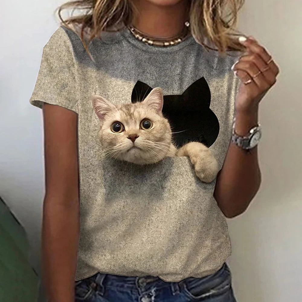 3D Kawaii Cat Print Loose Tees Tops For Woman