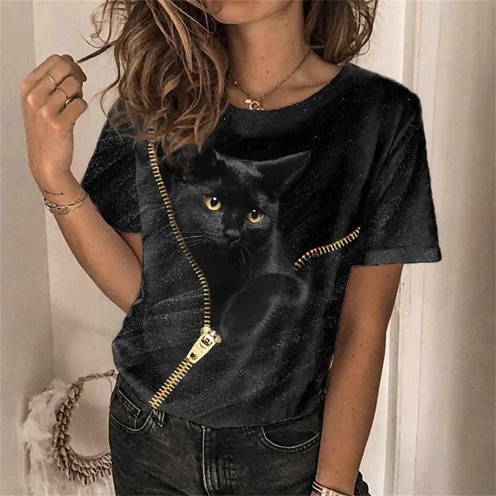 3D Kawaii Cat Print Loose Tees Tops For Woman