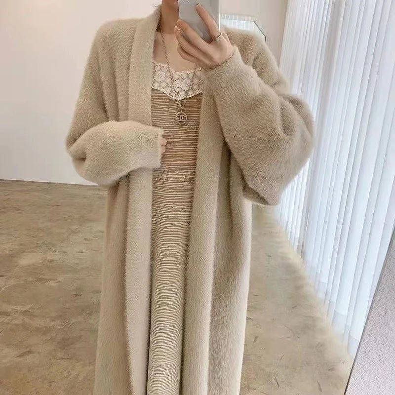 White Long Cardigan for women's winter clothes Knitted fluffy long sleeve