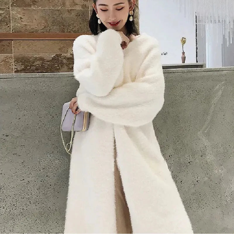 White Long Cardigan for women's winter clothes Knitted fluffy long sleeve