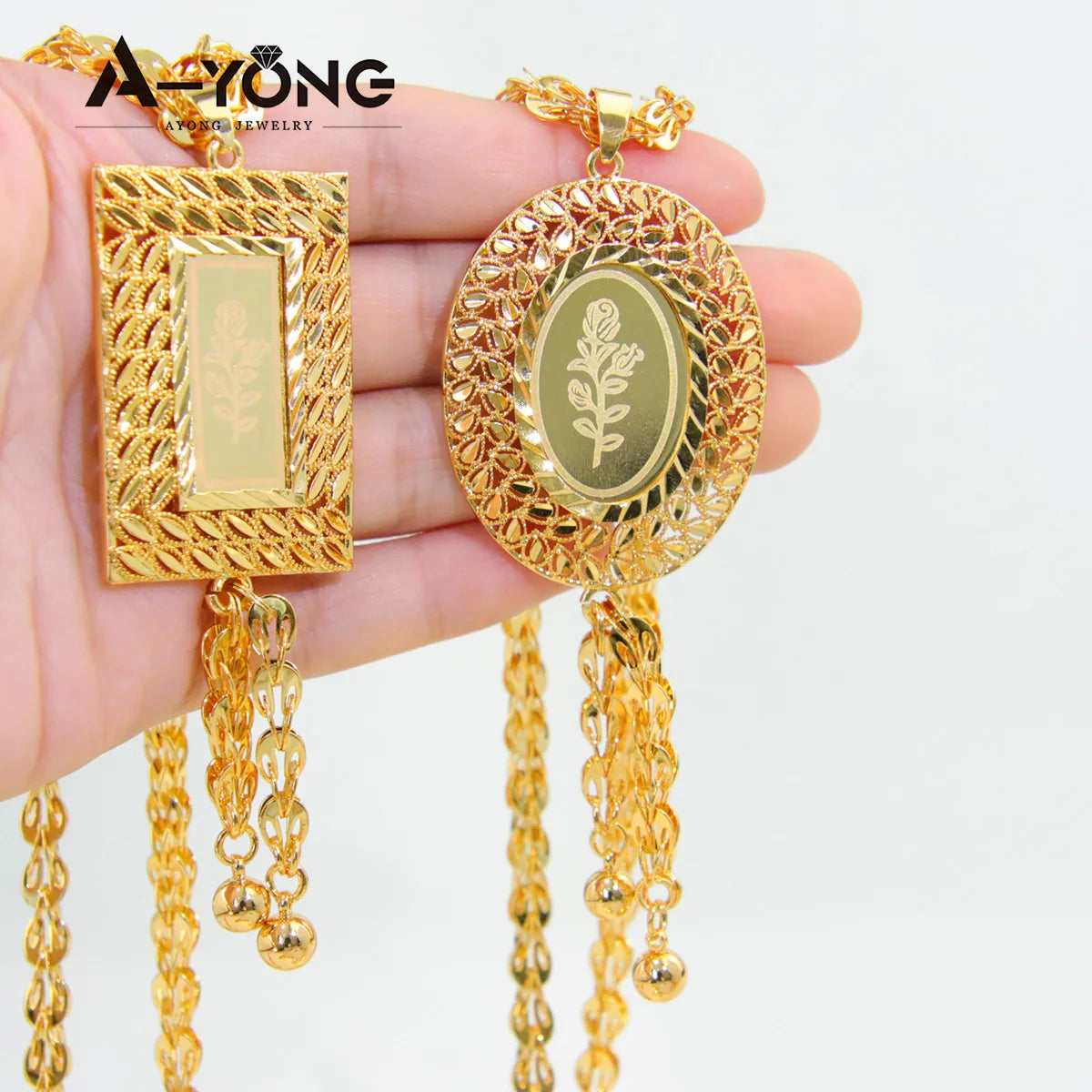 Islamic Women's Gold Color Necklace 21k Gold Plated Copper Oval Square Pendant