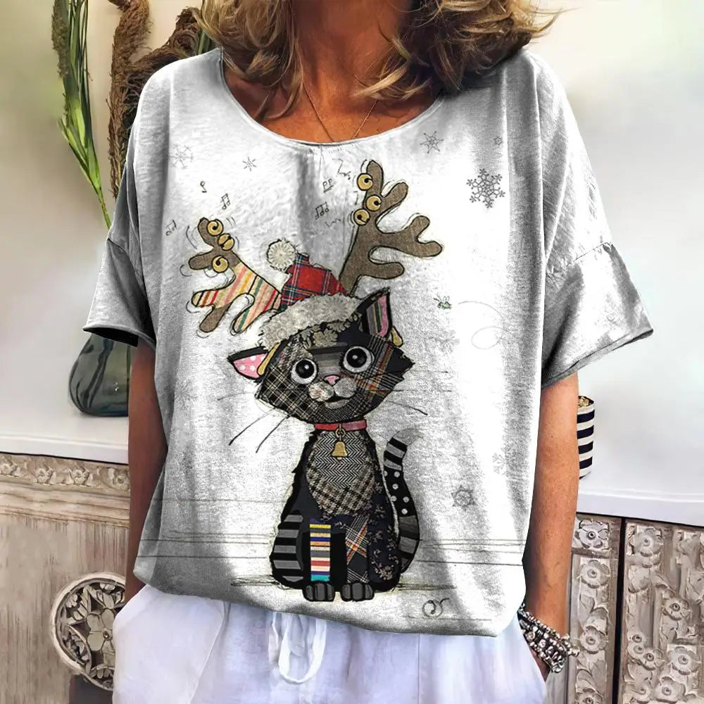 3D Kawaii Cat Print Loose Tees Tops For Woman