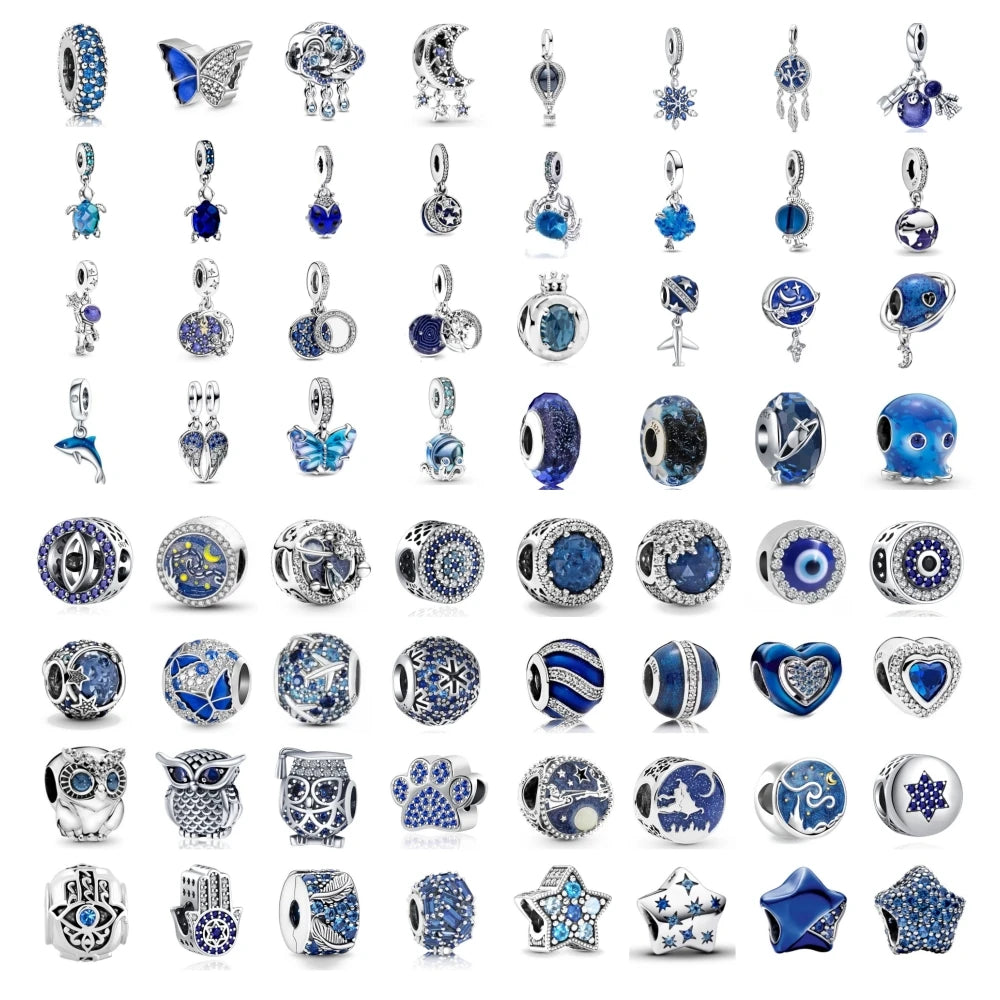 925 Sterling Silver Plated Blue Pave Series Star Owl Butterfly Moon Pendant Diy Jewelry Bead Fit European Bracelet