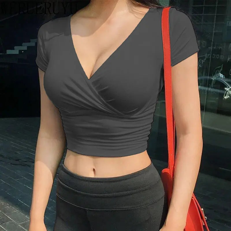 Y2K Summer V-neck Crop Top Short Sleeve Women Clothes