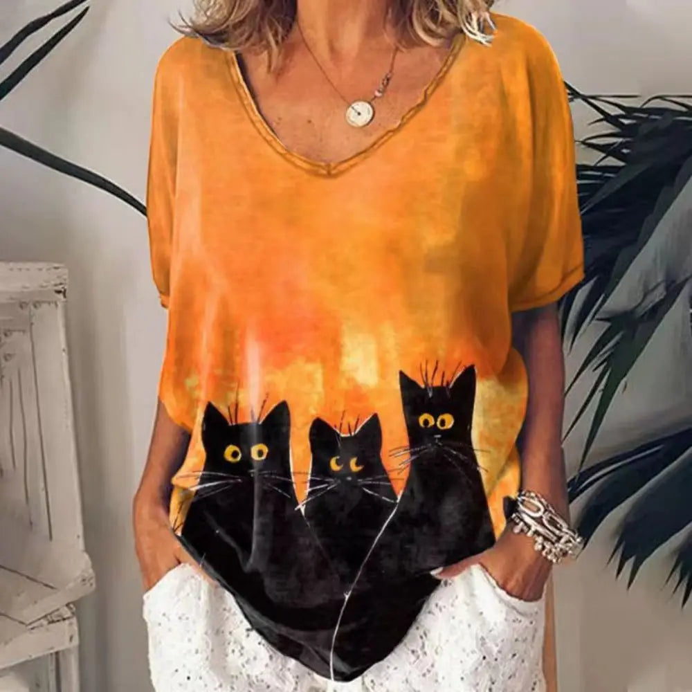 Retro Women's T Shirt Anime Cat Graphic For Summer