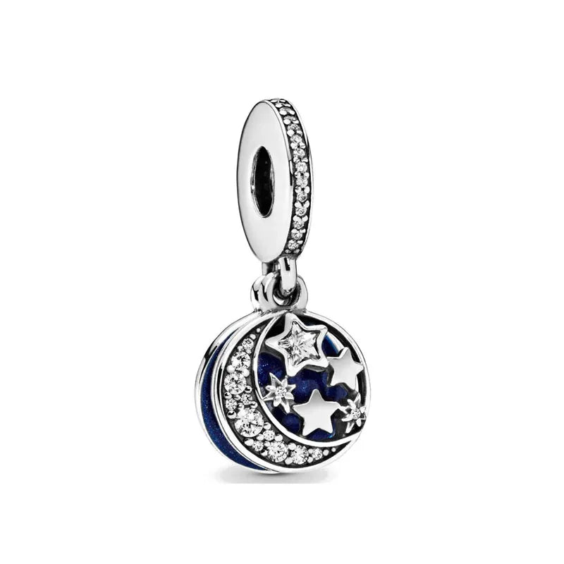 925 Sterling Silver Plated Blue Pave Series Star Owl Butterfly Moon Pendant Diy Jewelry Bead Fit European Bracelet