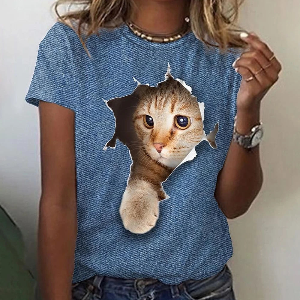 3D Kawaii Cat Print Loose Tees Tops For Woman