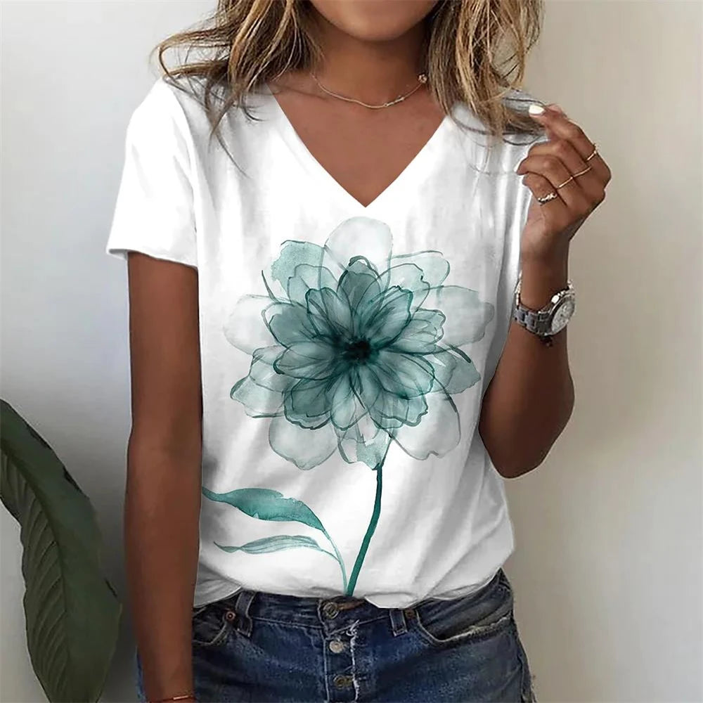 Summer Women Short Sleeve V-neck Oversized White Fashion T Shirt for Women