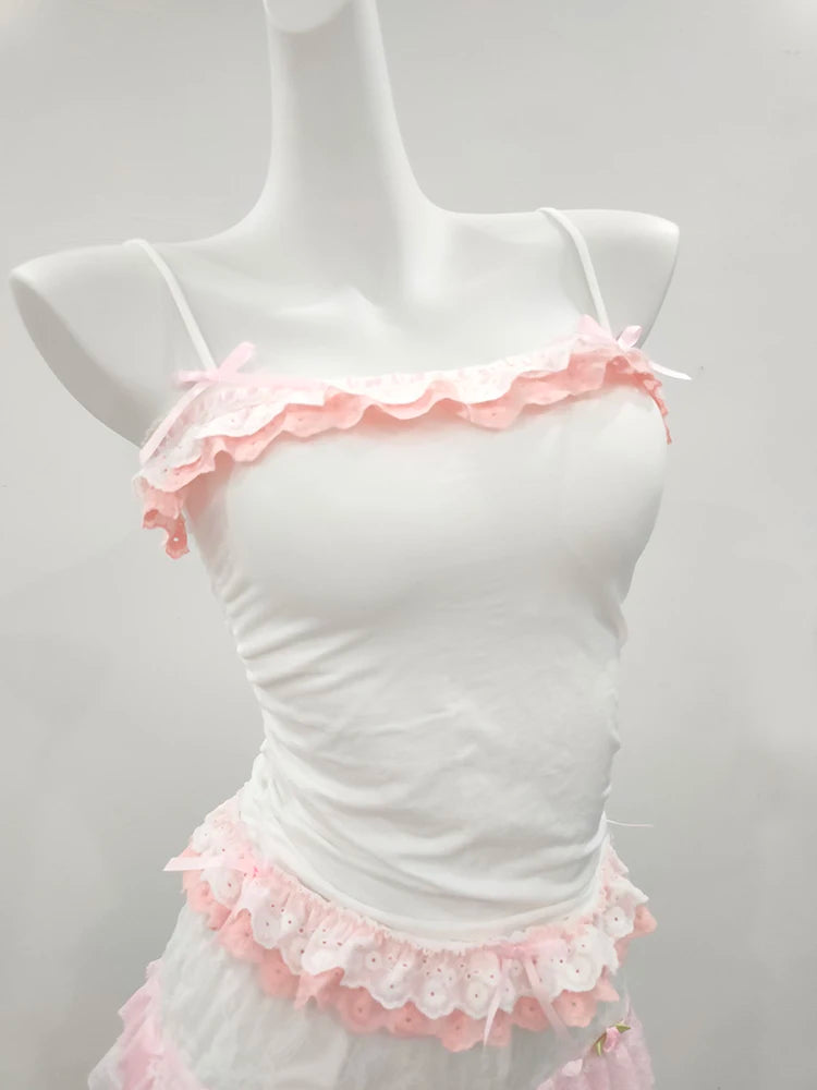 Summer Bows Decoration Two Layers of Lace Trim Lolita Style Crop Top for Women