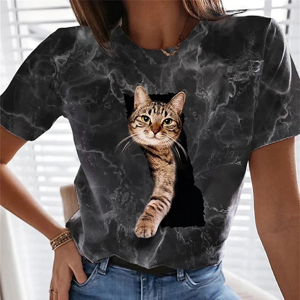 3D Kawaii Cat Print Loose Tees Tops For Woman