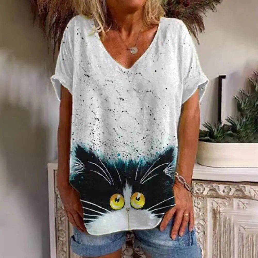 Retro Women's T Shirt Anime Cat Graphic For Summer