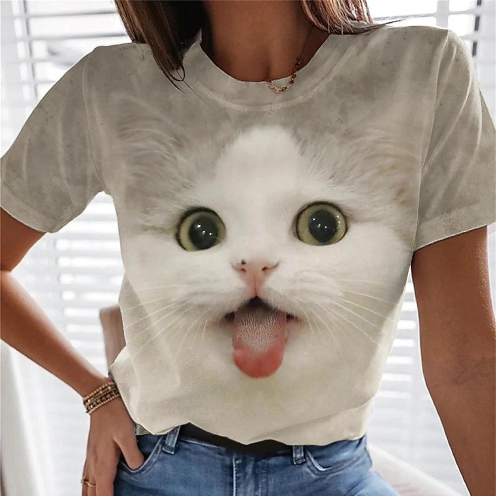 3D Kawaii Cat Print Loose Tees Tops For Woman