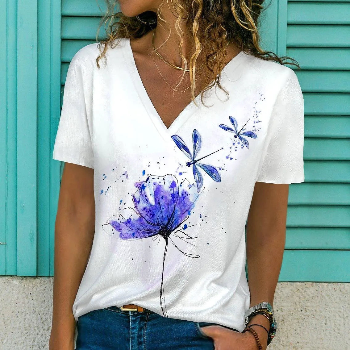 Summer Women Short Sleeve V-neck Oversized White Fashion T Shirt for Women