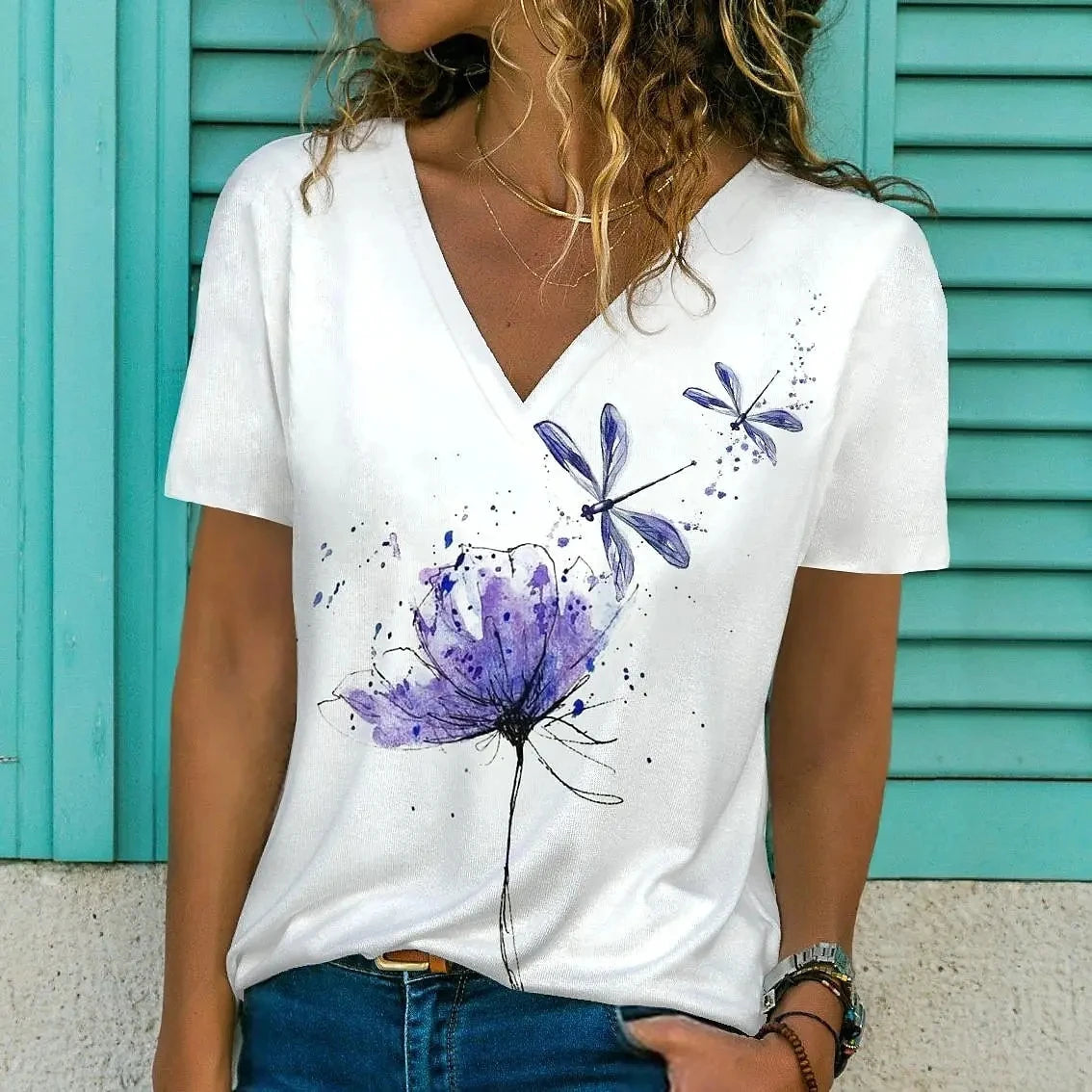 Summer Women Short Sleeve V-neck Oversized White Fashion T Shirt for Women