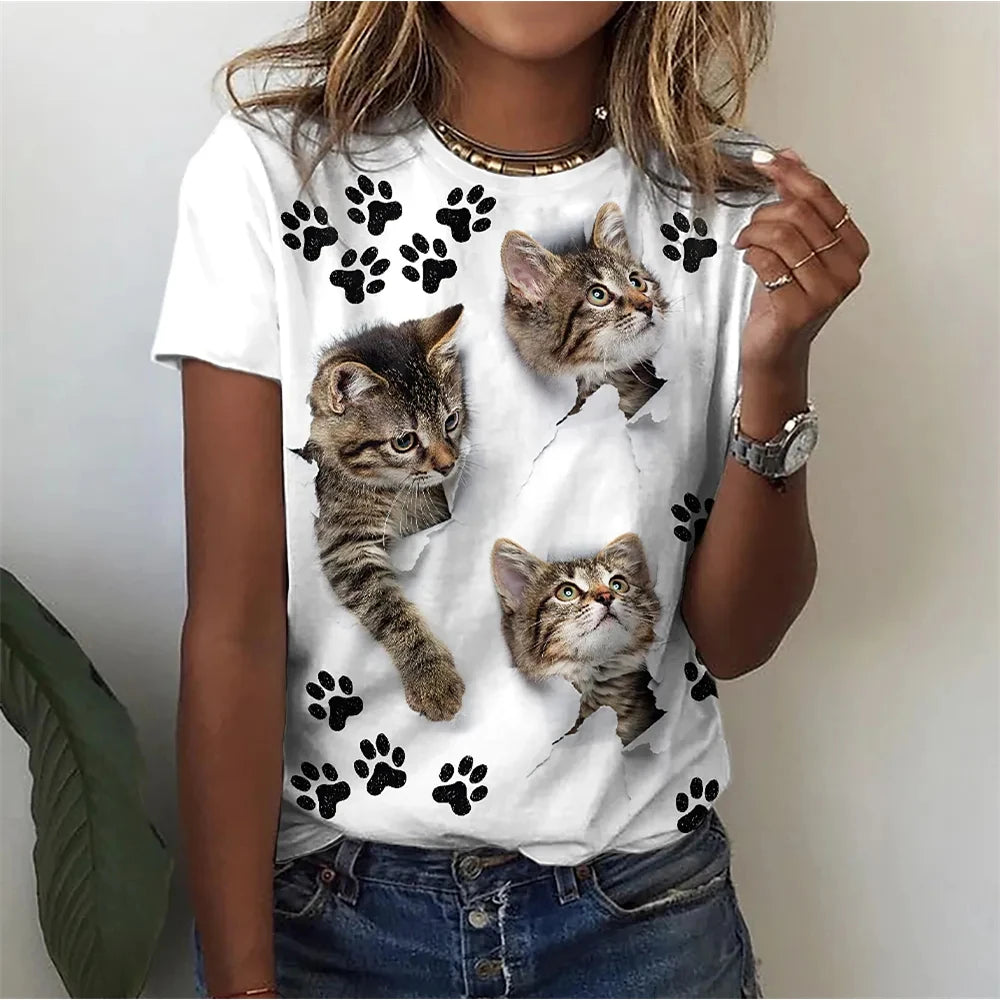 3D Kawaii Cat Print Loose Tees Tops For Woman