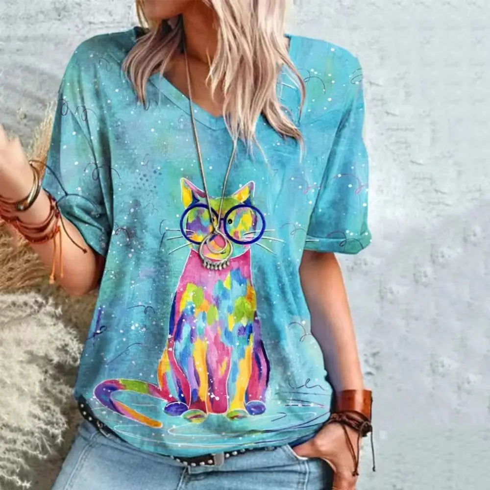 Retro Women's T Shirt Anime Cat Graphic For Summer