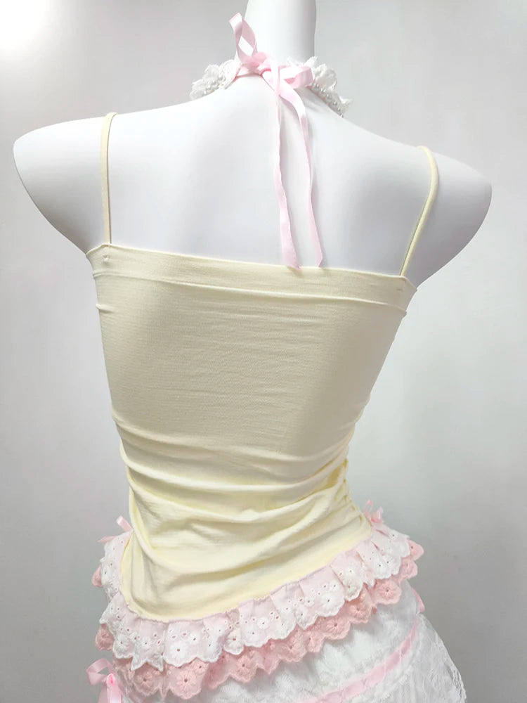 Summer Bows Decoration Two Layers of Lace Trim Lolita Style Crop Top for Women