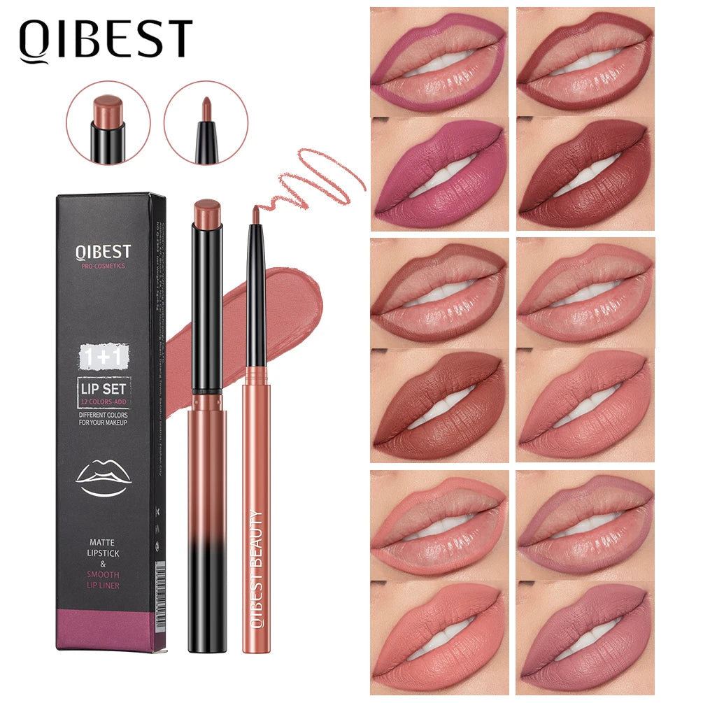 QIBEST 2pcs Matte Velvet Lipstick Lipliner Pencil