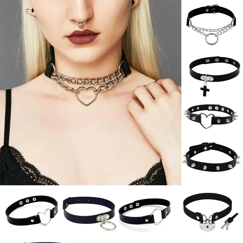 100% Handmade PC Punk Rock Gothic PU Leather Choker Chain Necklace