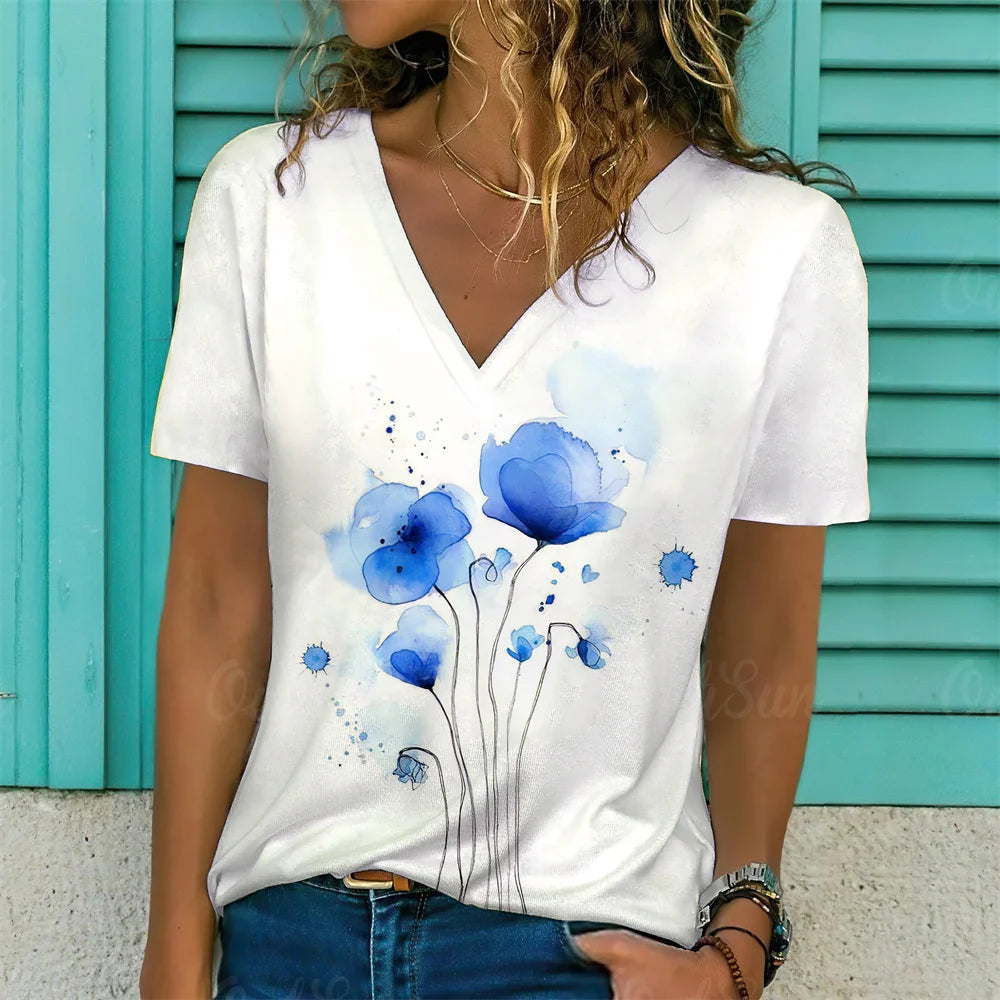 Summer Women Short Sleeve V-neck Oversized White Fashion T Shirt for Women