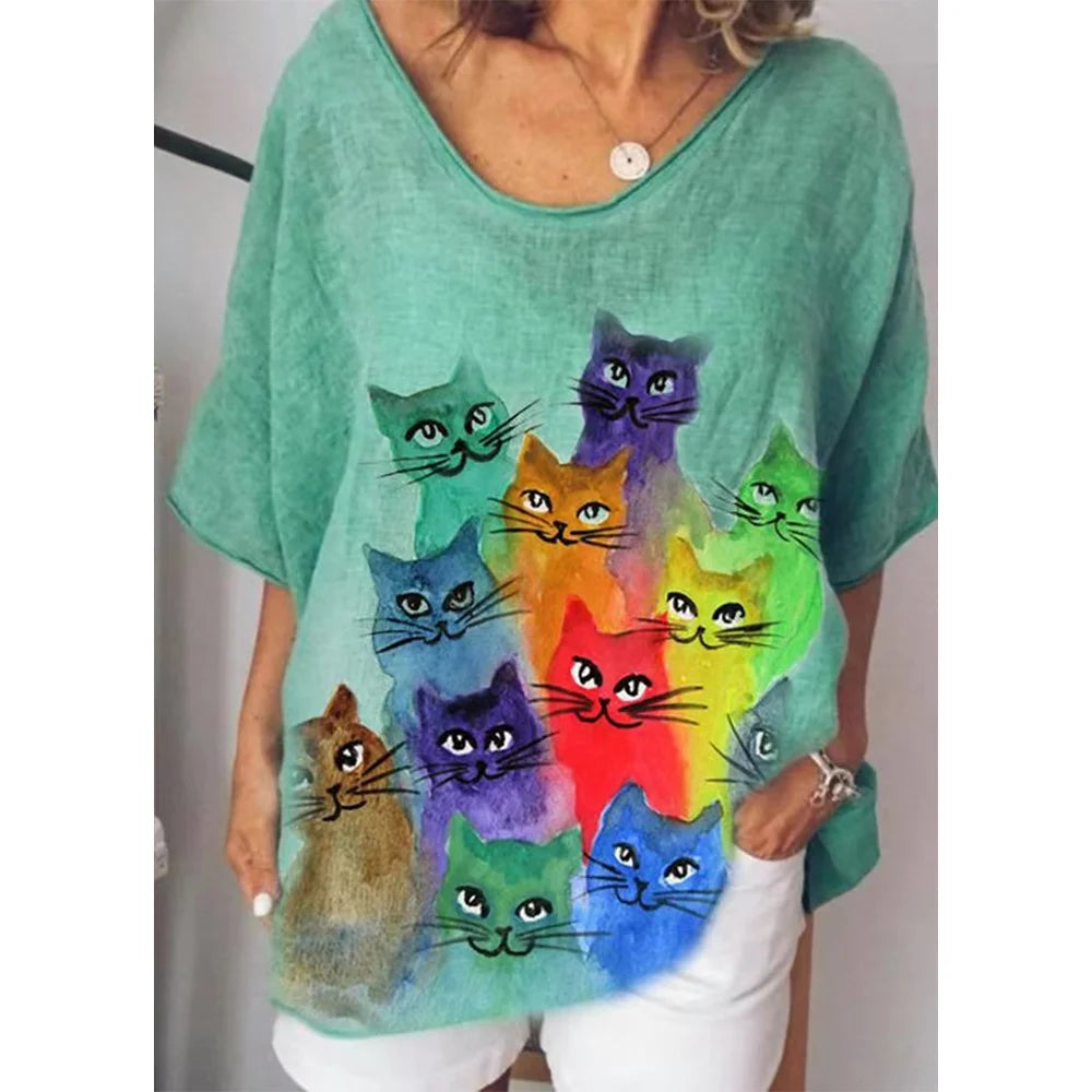 Retro Women's T Shirt Anime Cat Graphic For Summer