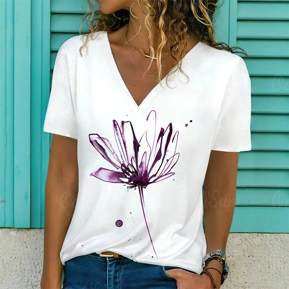 Summer Women Short Sleeve V-neck Oversized White Fashion T Shirt for Women