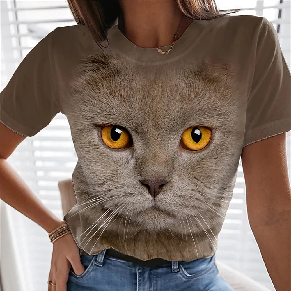 3D Kawaii Cat Print Loose Tees Tops For Woman