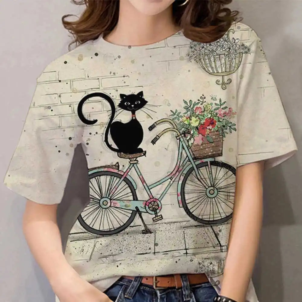 3D Kawaii Cat Print Loose Tees Tops For Woman