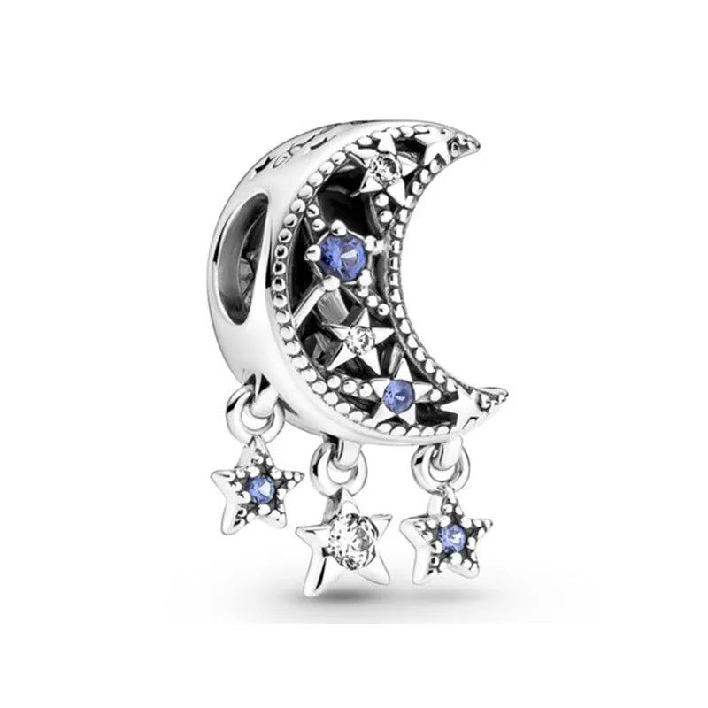 925 Sterling Silver Plated Blue Pave Series Star Owl Butterfly Moon Pendant Diy Jewelry Bead Fit European Bracelet