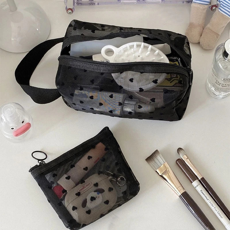 Heart Transparent Mesh Makeup Organizer Bags