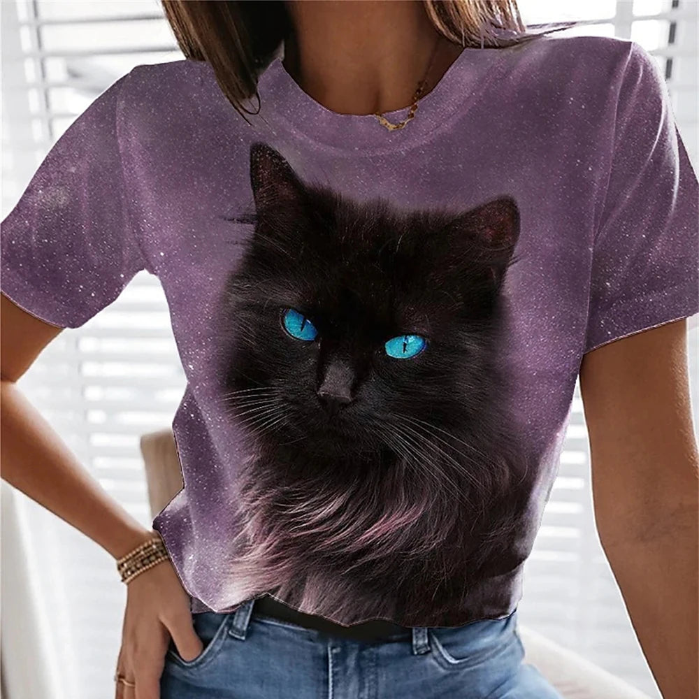 3D Kawaii Cat Print Loose Tees Tops For Woman