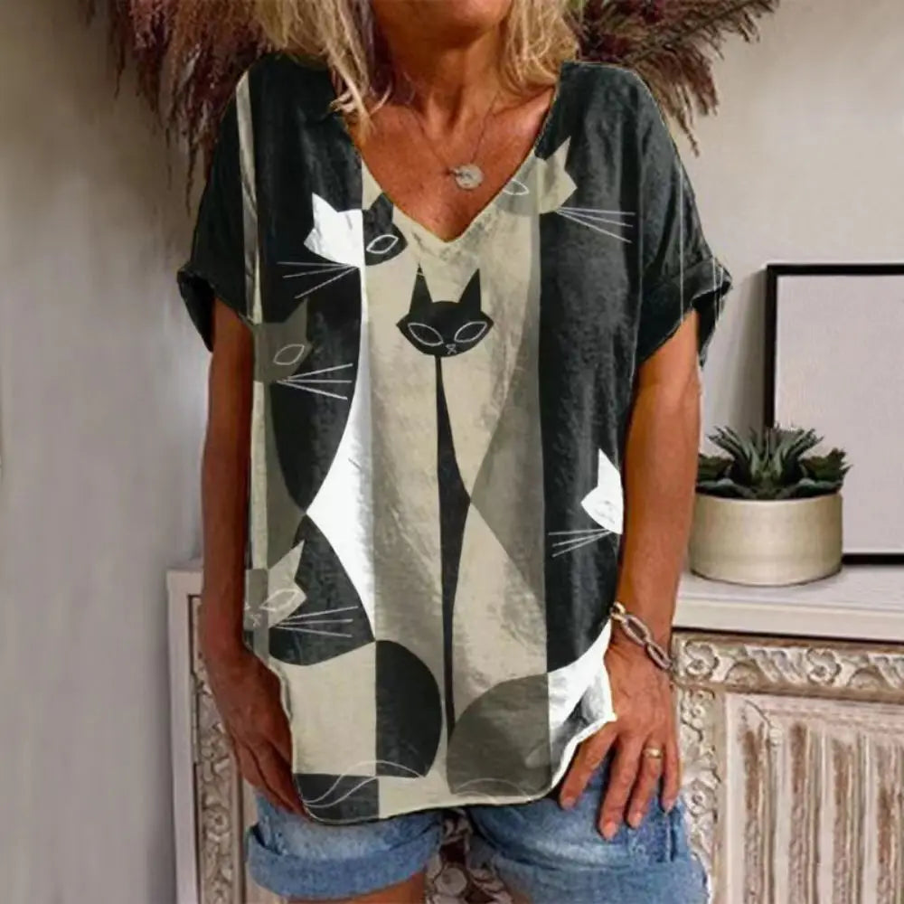 Retro Women's T Shirt Anime Cat Graphic For Summer