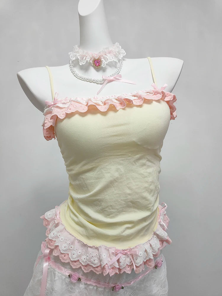 Summer Bows Decoration Two Layers of Lace Trim Lolita Style Crop Top for Women