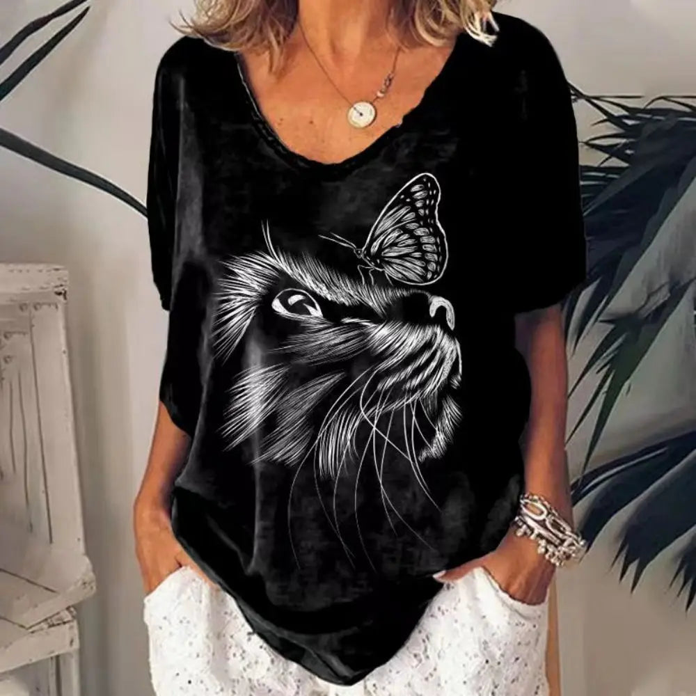 Retro Women's T Shirt Anime Cat Graphic For Summer