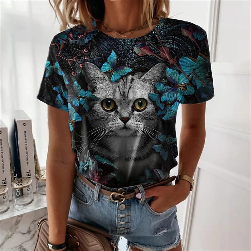 3D Kawaii Cat Print Loose Tees Tops For Woman