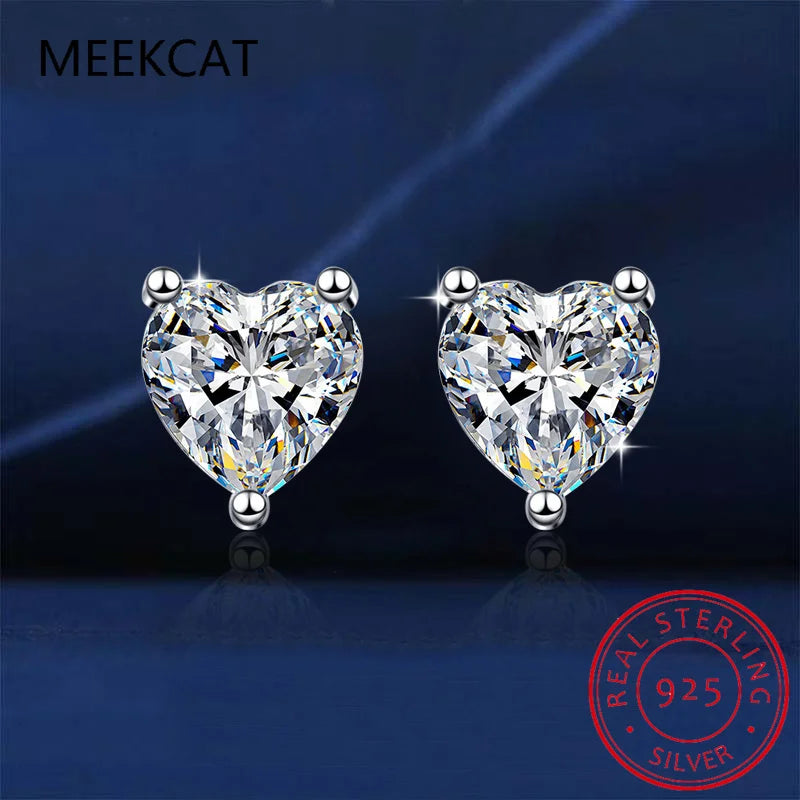 Heart Moissanite Earrings D Color VVS1 Lab Diamond Platinum Plated Sterling Silver