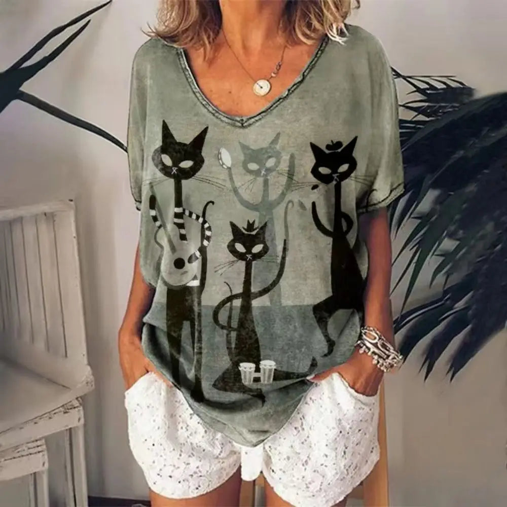 Retro Women's T Shirt Anime Cat Graphic For Summer