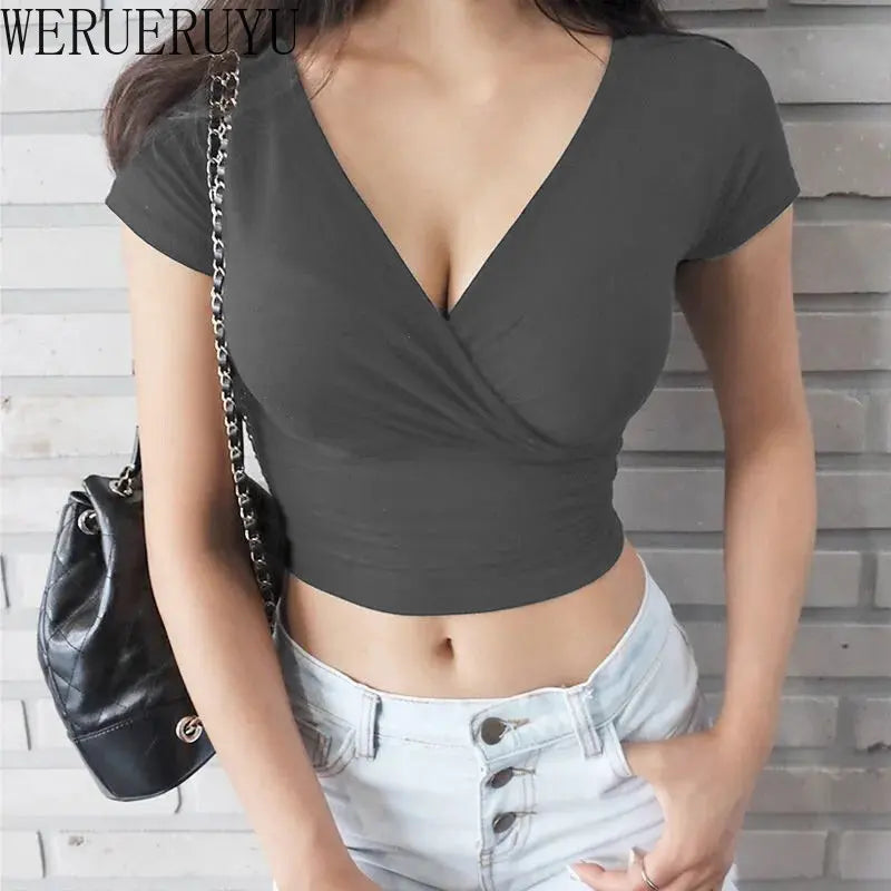 Y2K Summer V-neck Crop Top Short Sleeve Women Clothes