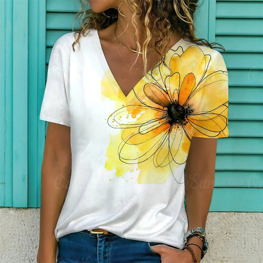 Summer Women Short Sleeve V-neck Oversized White Fashion T Shirt for Women