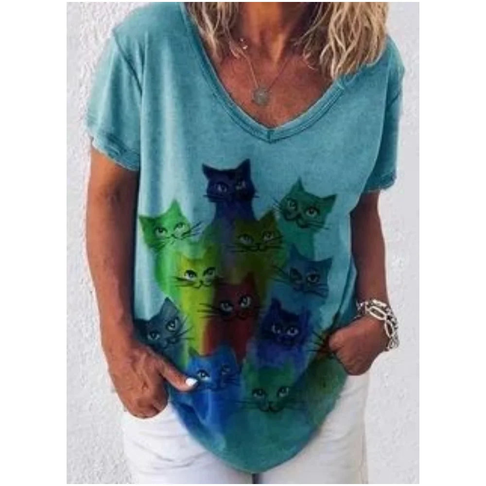 Retro Women's T Shirt Anime Cat Graphic For Summer