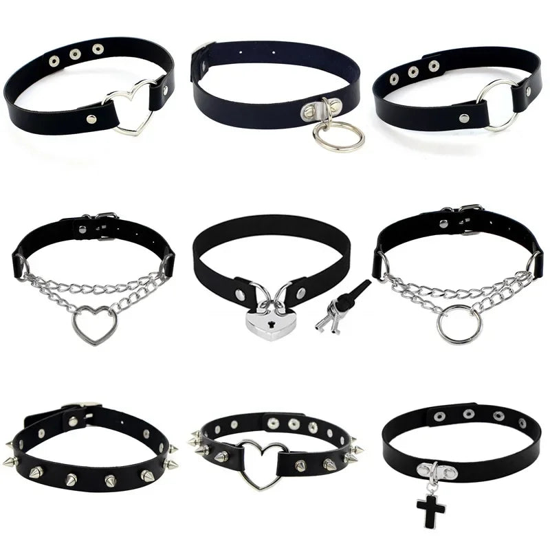 100% Handmade PC Punk Rock Gothic PU Leather Choker Chain Necklace