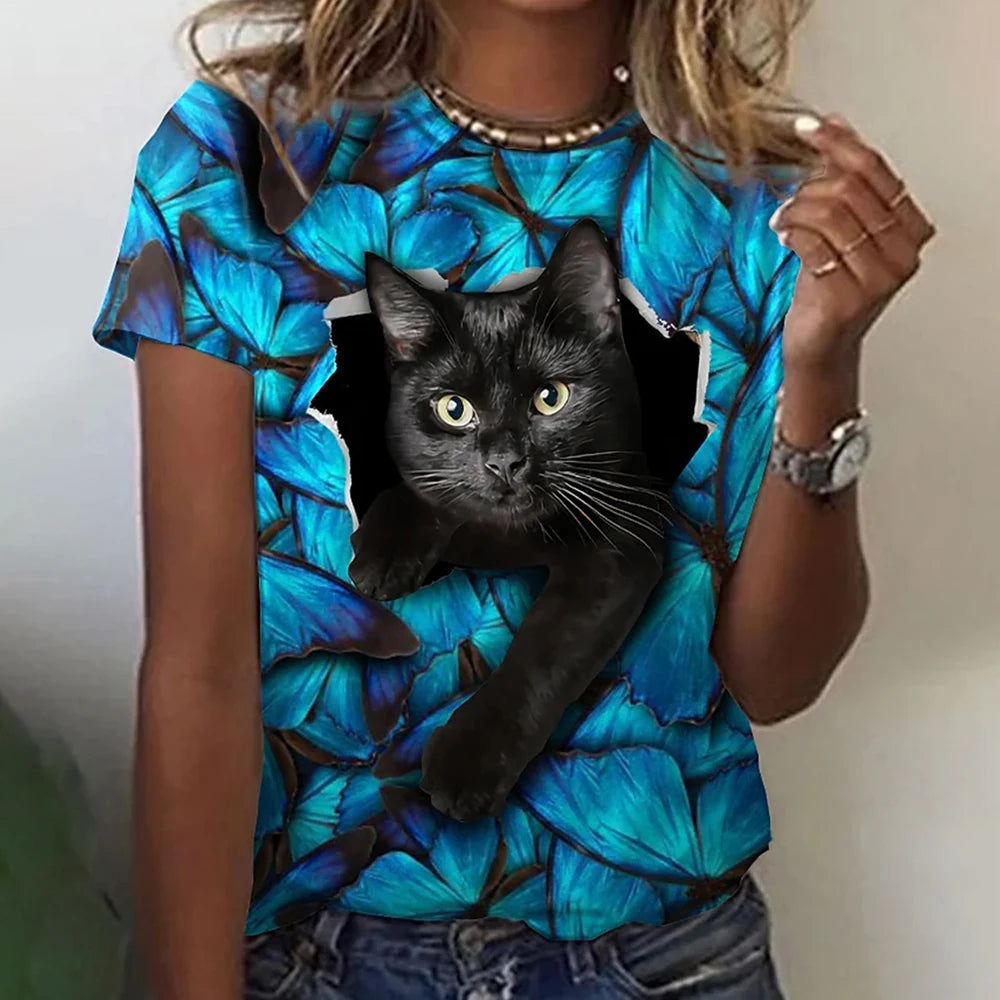 3D Kawaii Cat Print Loose Tees Tops For Woman