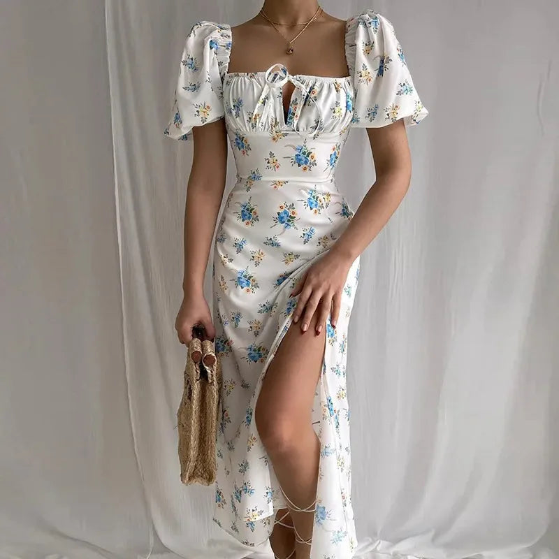 White Elegant Ladies Backless Puff Sleeve Floral Print Slit Long  Summer Fashion Dress