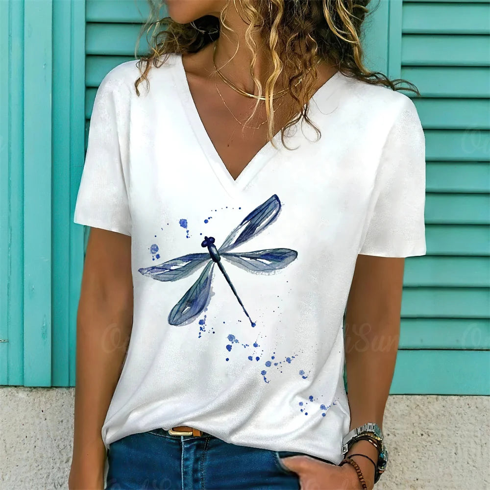 Summer Women Short Sleeve V-neck Oversized White Fashion T Shirt for Women