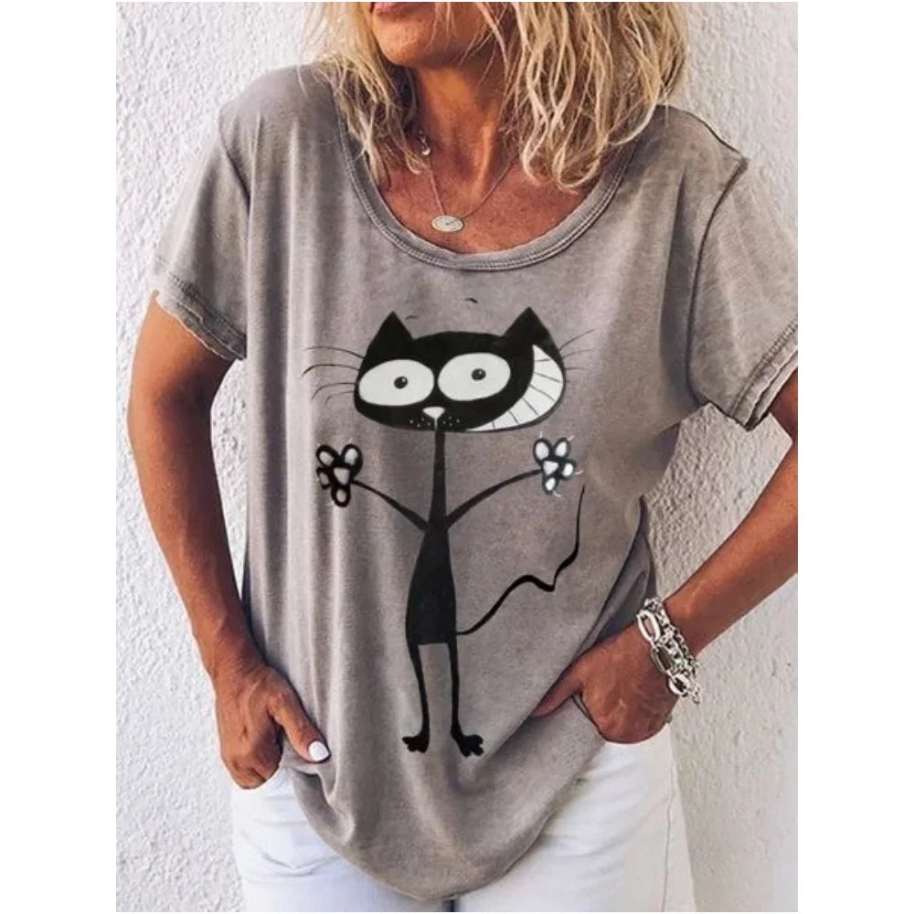 Retro Women's T Shirt Anime Cat Graphic For Summer